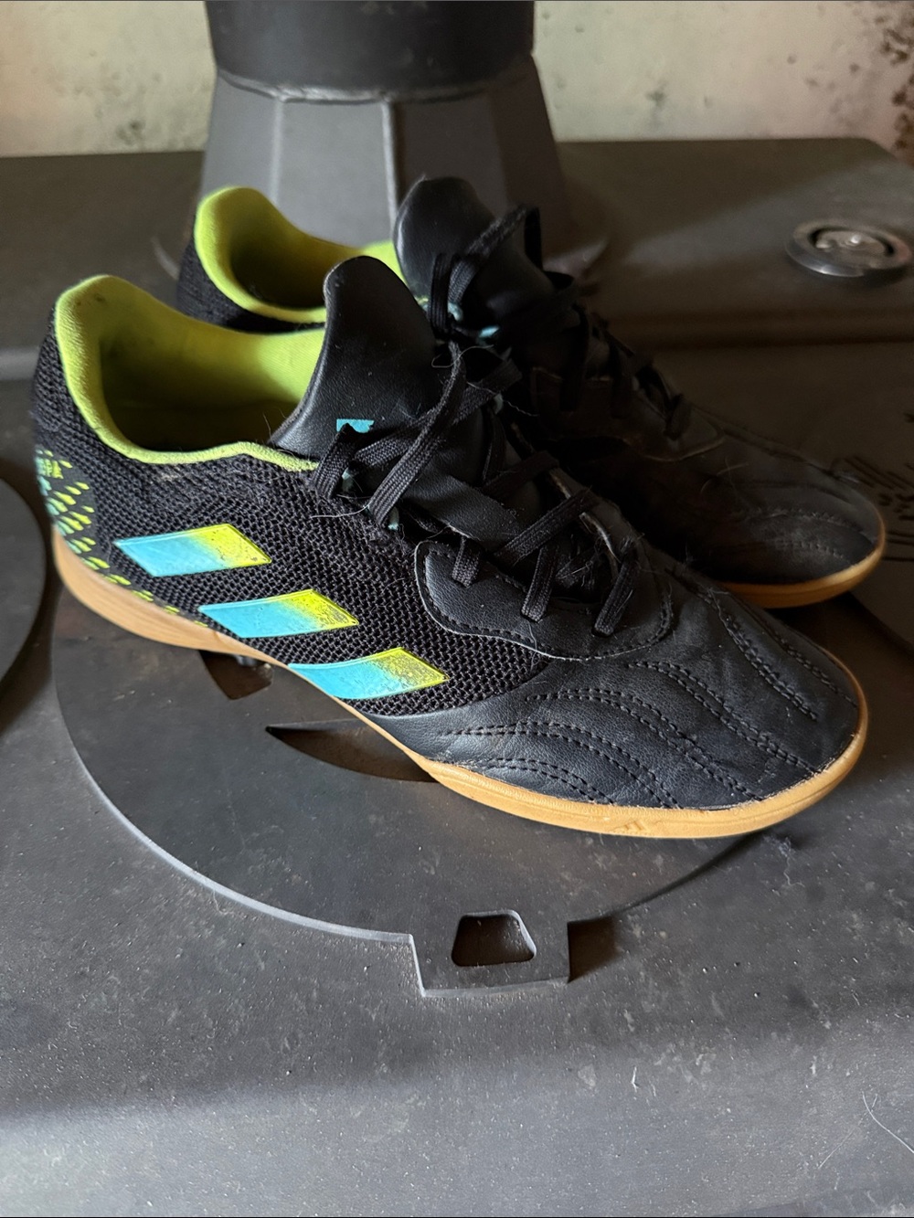 adidas Kids Indoor Soccer Shoes - Black with Blue & Yellow Accents